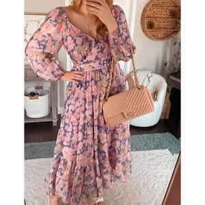 Astr Floral Midi Dress in Pink and Purple